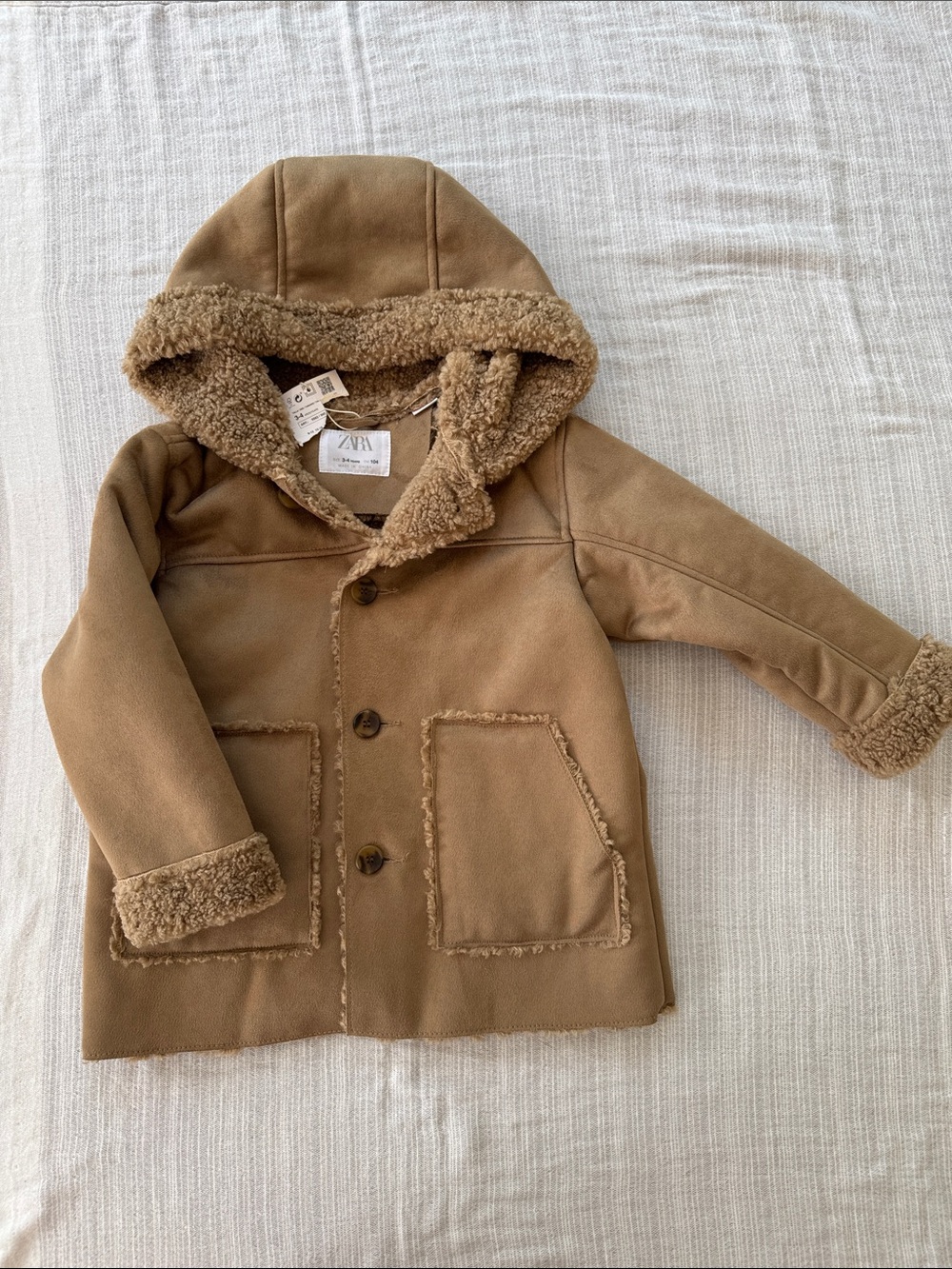 Zara Kids Camel Hooded Puffer Coat with Faux Shearling Trim